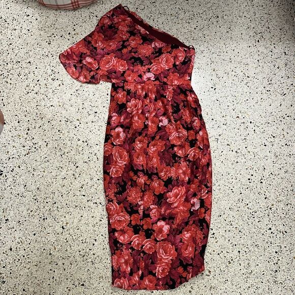 Do+Be  medium m red pink floral midi dress side zip flutter sleeve - Picture 6 of 7